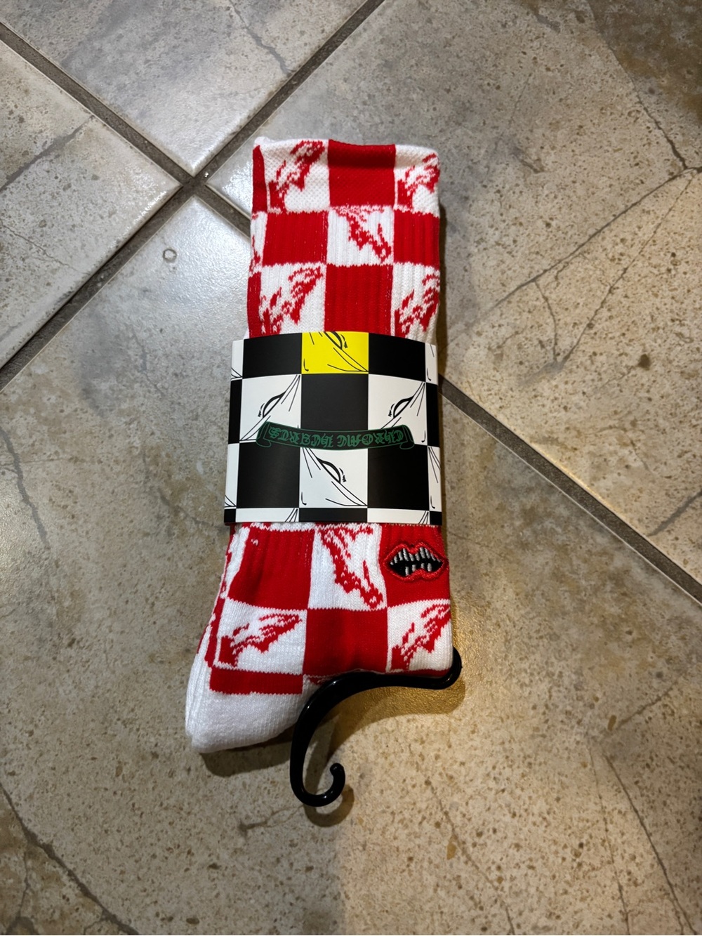 Chrome Hearts Red & White Checkerboard Crew Socks